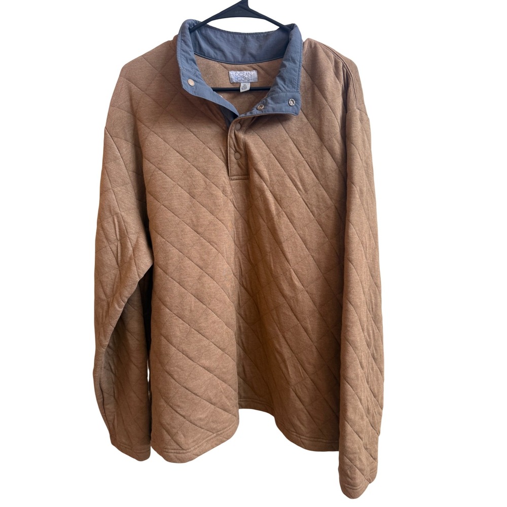 Ocean Coast Mens XL Quilted Snap Mock Neck Pullover Sweatshirt Brown Heather